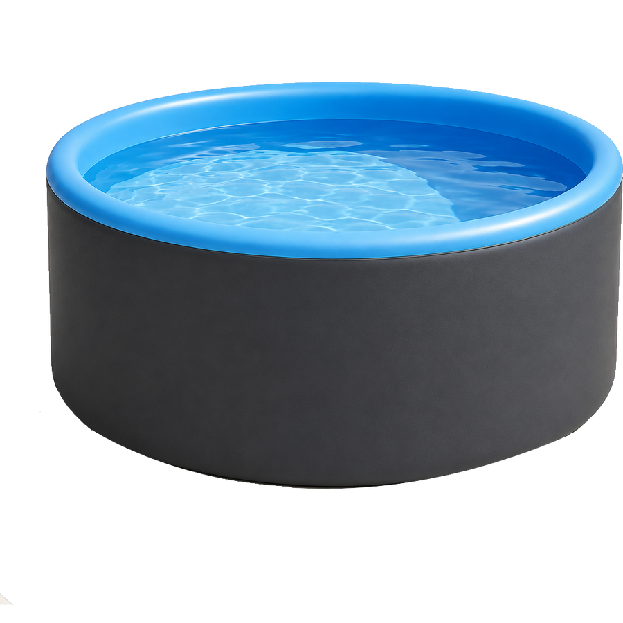 A Hippool Circle pool, charcoal drop-stitch wall with a blue rim, filled with clear water