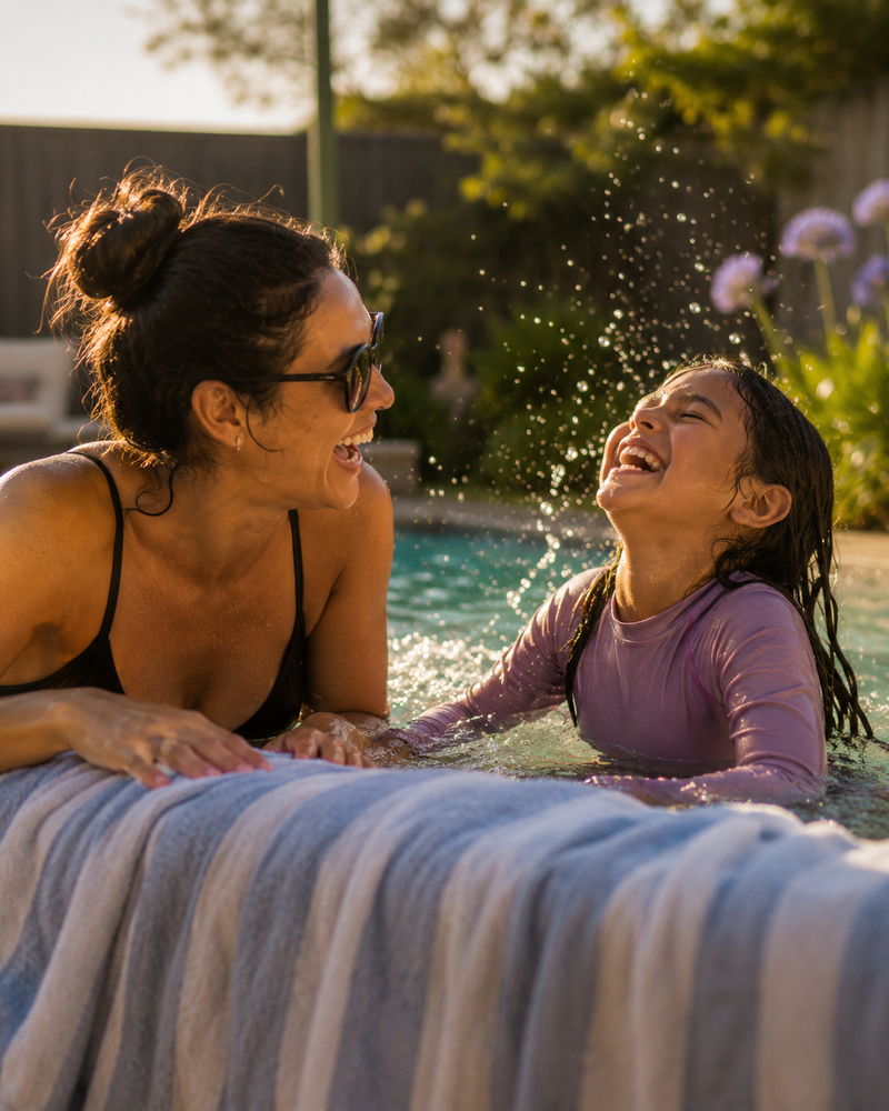 A parent and child laugh together in the water at golden hour, sunlit splashes between them