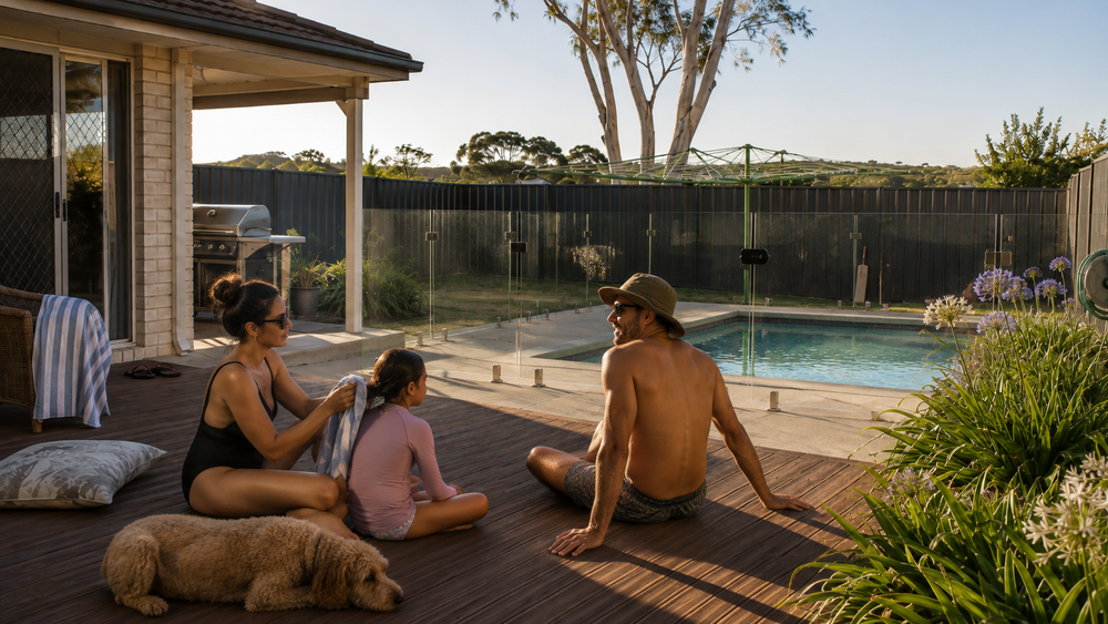 Two adults and a child sit with their dog on a backyard deck at golden hour, a fenced pool in the background