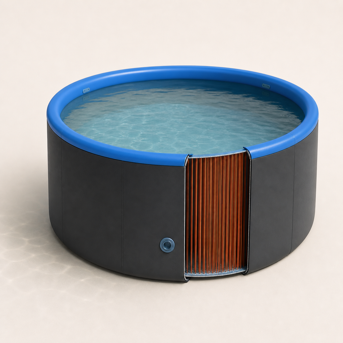 Hippool Circle drop-stitch pool with charcoal walls and one panel cut away to reveal the internal threads that keep it rigid