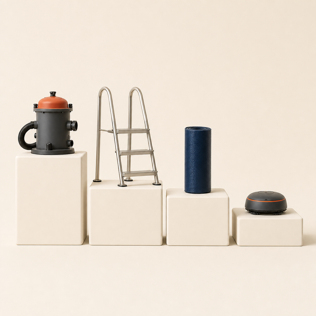 Pool filtration unit, stainless ladder, thermal cover and robotic cleaner on descending plinths, showing the order to buy them in