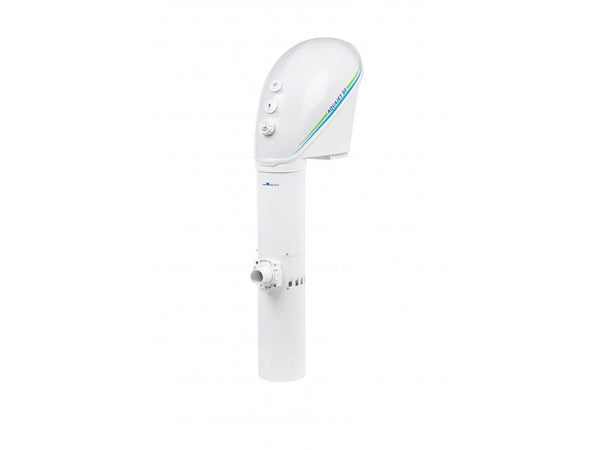 Hippool swim jet unit on a plain background, a curved white housing with three controls above a vertical column