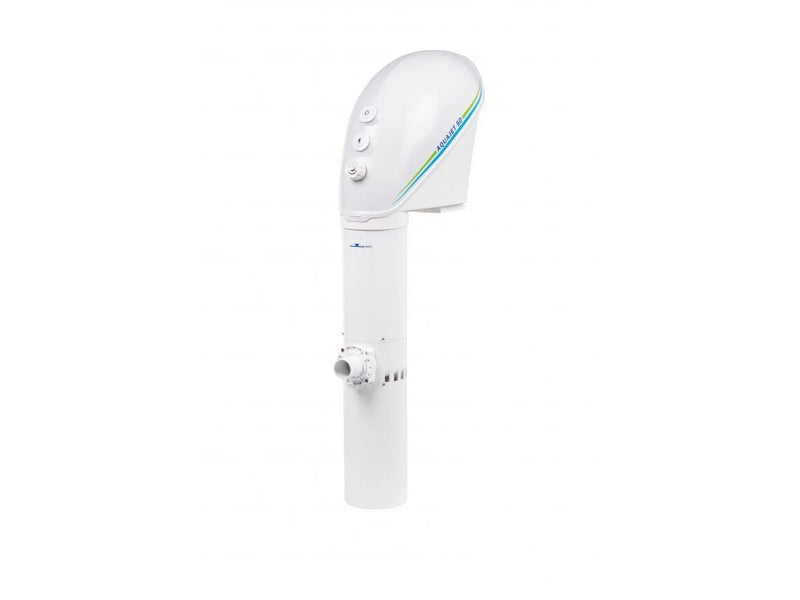 Hippool swim jet unit on a plain background, a curved white housing with three controls above a vertical column
