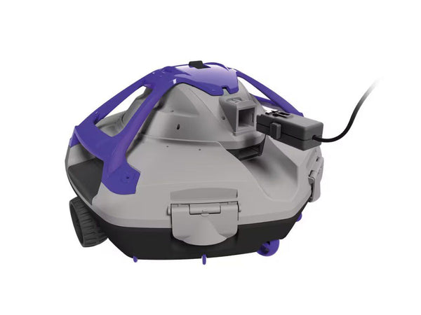 Hippool robotic pool cleaner on a plain background, seen from the side with its carry handle and charging lead