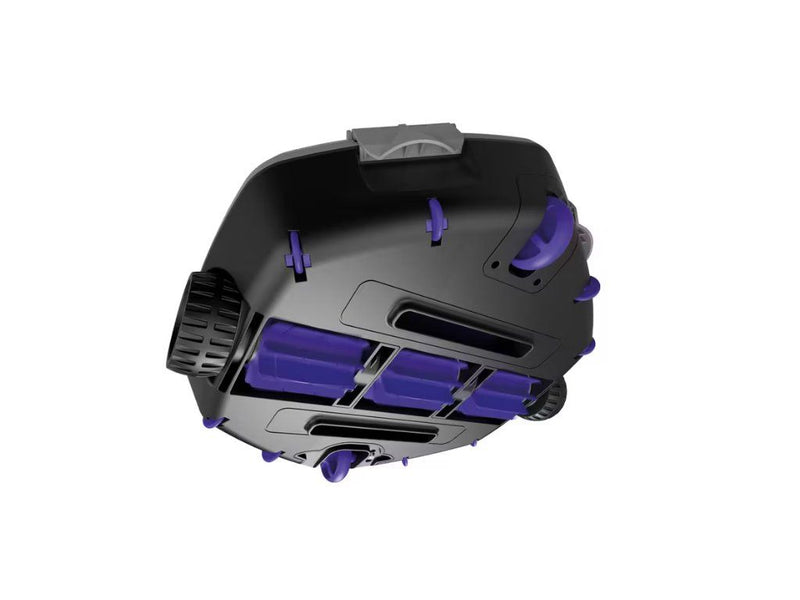 The underside of the robotic cleaner, showing the brush rollers and intake