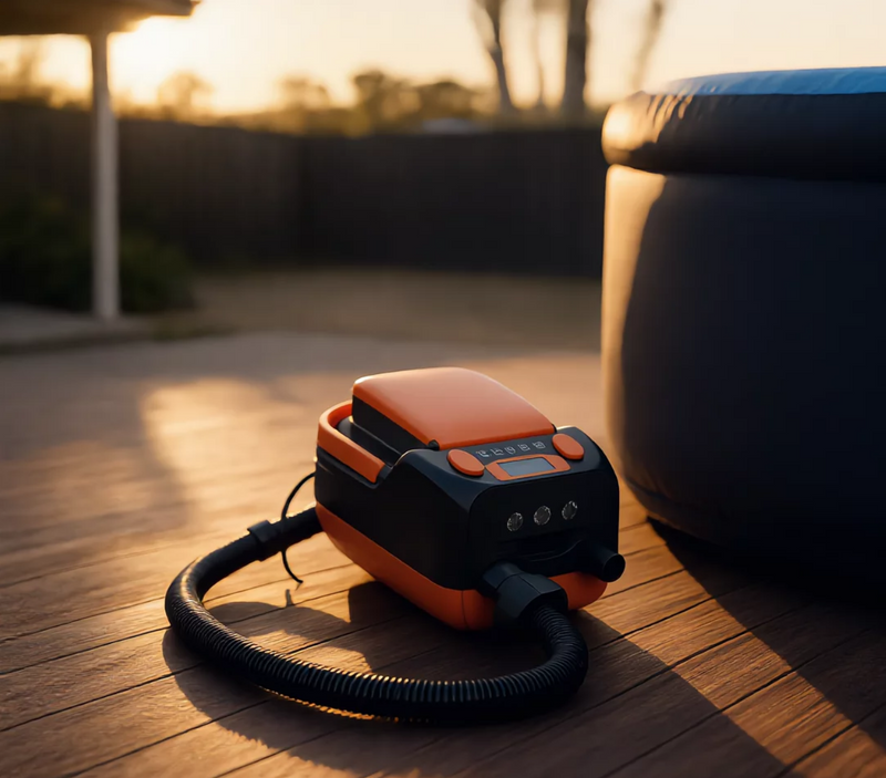 The electric pump standing on a timber deck beside a Hippool pool at golden hour, hose connected