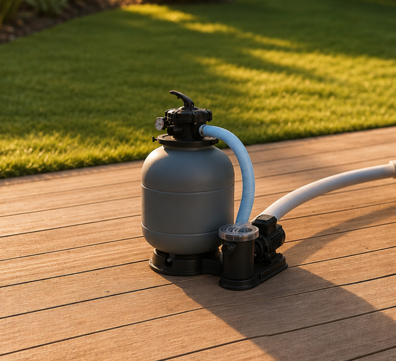 The filtration unit set up on a timber deck beside a lawn, hoses connected