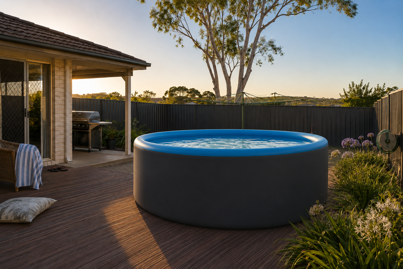 Hippool Circle set up on a timber deck in an Australian backyard at golden hour, charcoal drop-stitch wall and blue rim