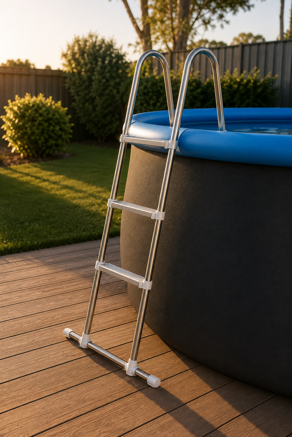 Stainless safety ladder resting over the wall of a Hippool pool on a timber deck at golden hour