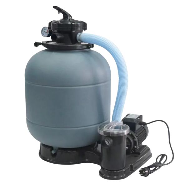 Hippool sand filtration unit, tank with multiport valve and pump on a moulded base