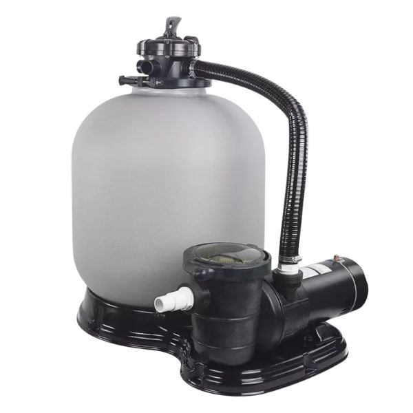 The filtration unit seen from the front, tank, multiport valve and pump on its moulded base