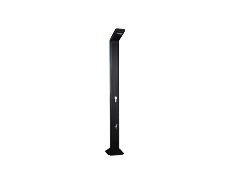 Hippool solar shower, a slim freestanding column with a shower head, mixer tap and low foot-rinse tap