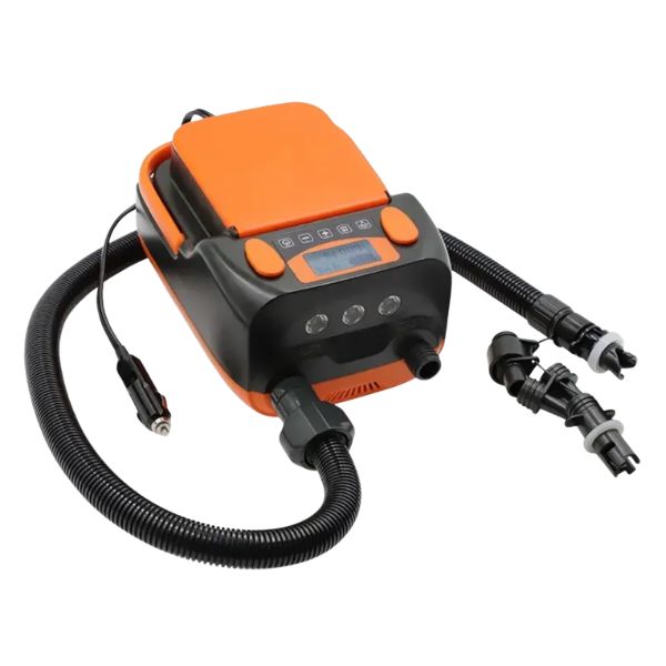 The pump with its hose and the set of valve adaptors laid out beside it