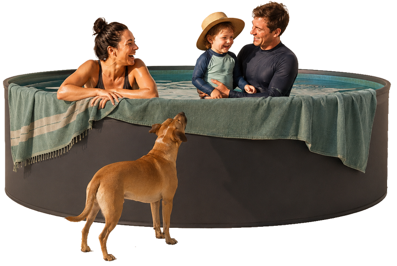 Family and dog gathered around a rigid Hippool drop-stitch pool